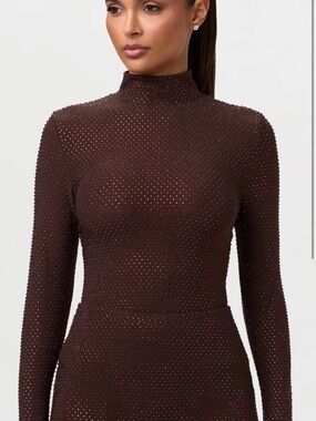 Naked Wardrobe Brown Dark Chocolate Rhinestone Crystal Turtleneck Top